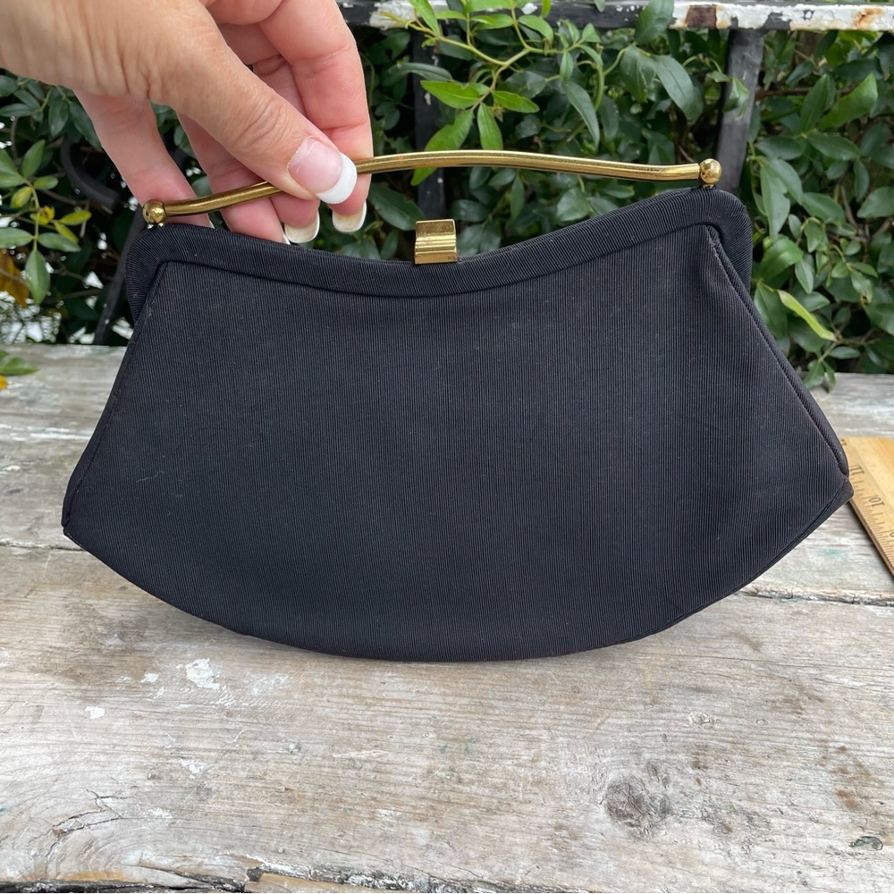 Vintage black evening bag brass handle 1950s era